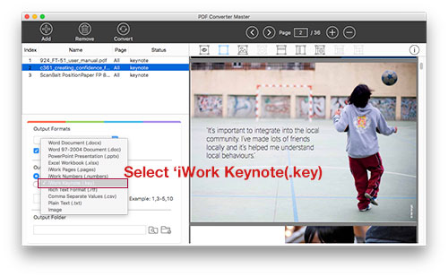 pdf to keynote format selection screenshot