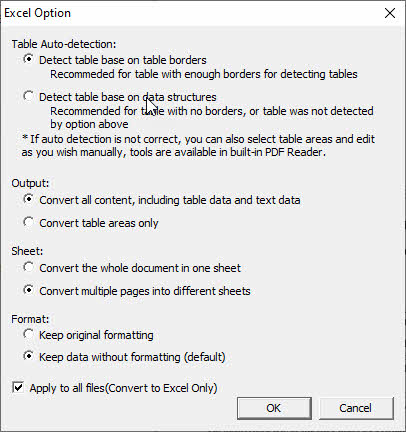 pdf converter ocr excel output option screenshot
