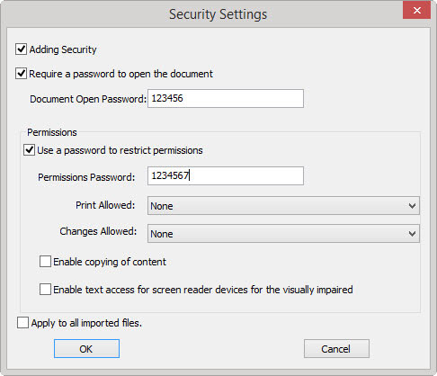 lighten pdf security for windows setting screenshot